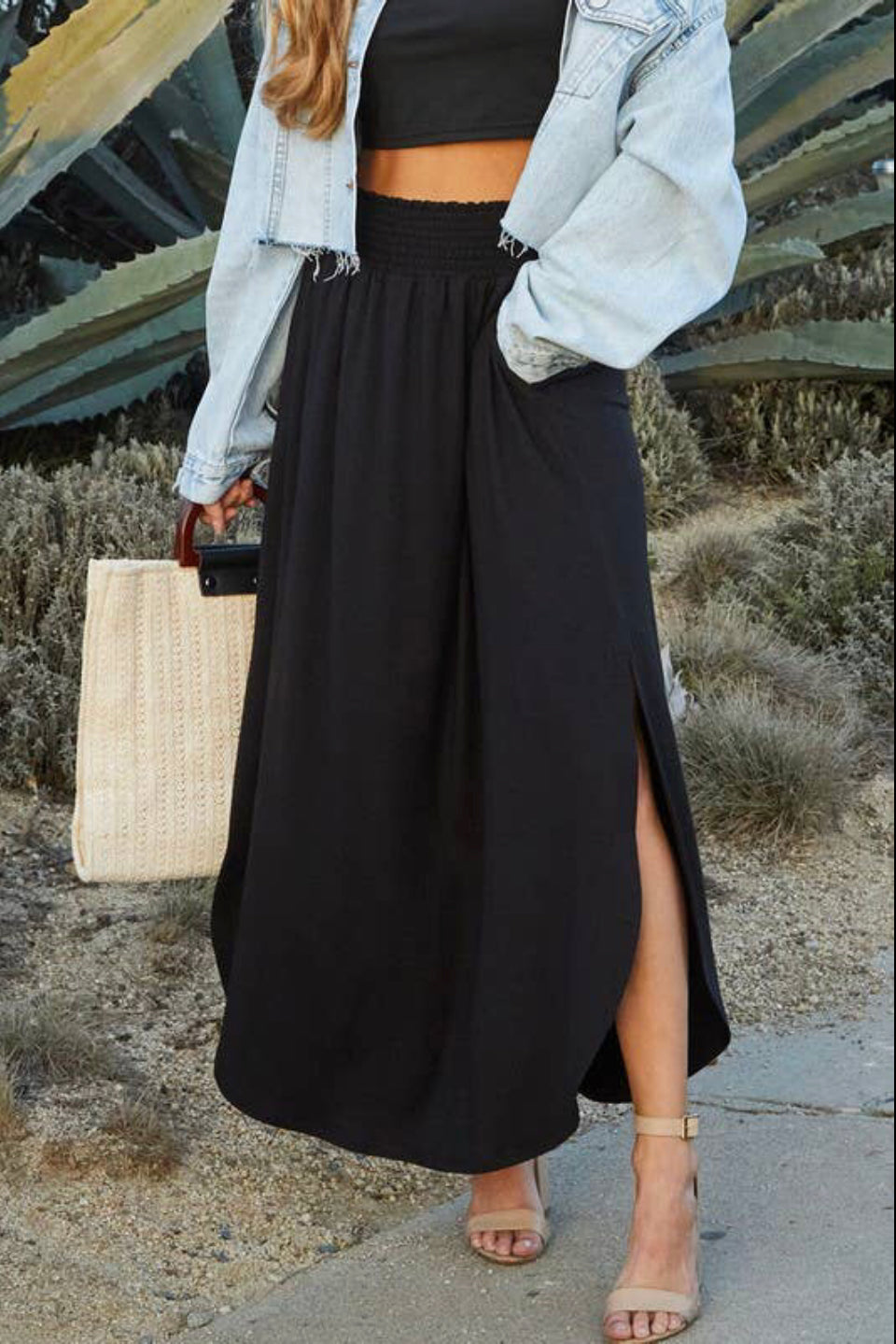 Black Smock Waist Maxi Skirt